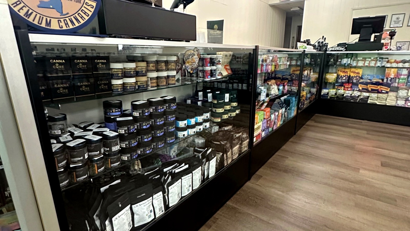 Licensed New York adult-use cannabis products in Holy Smokes display cases