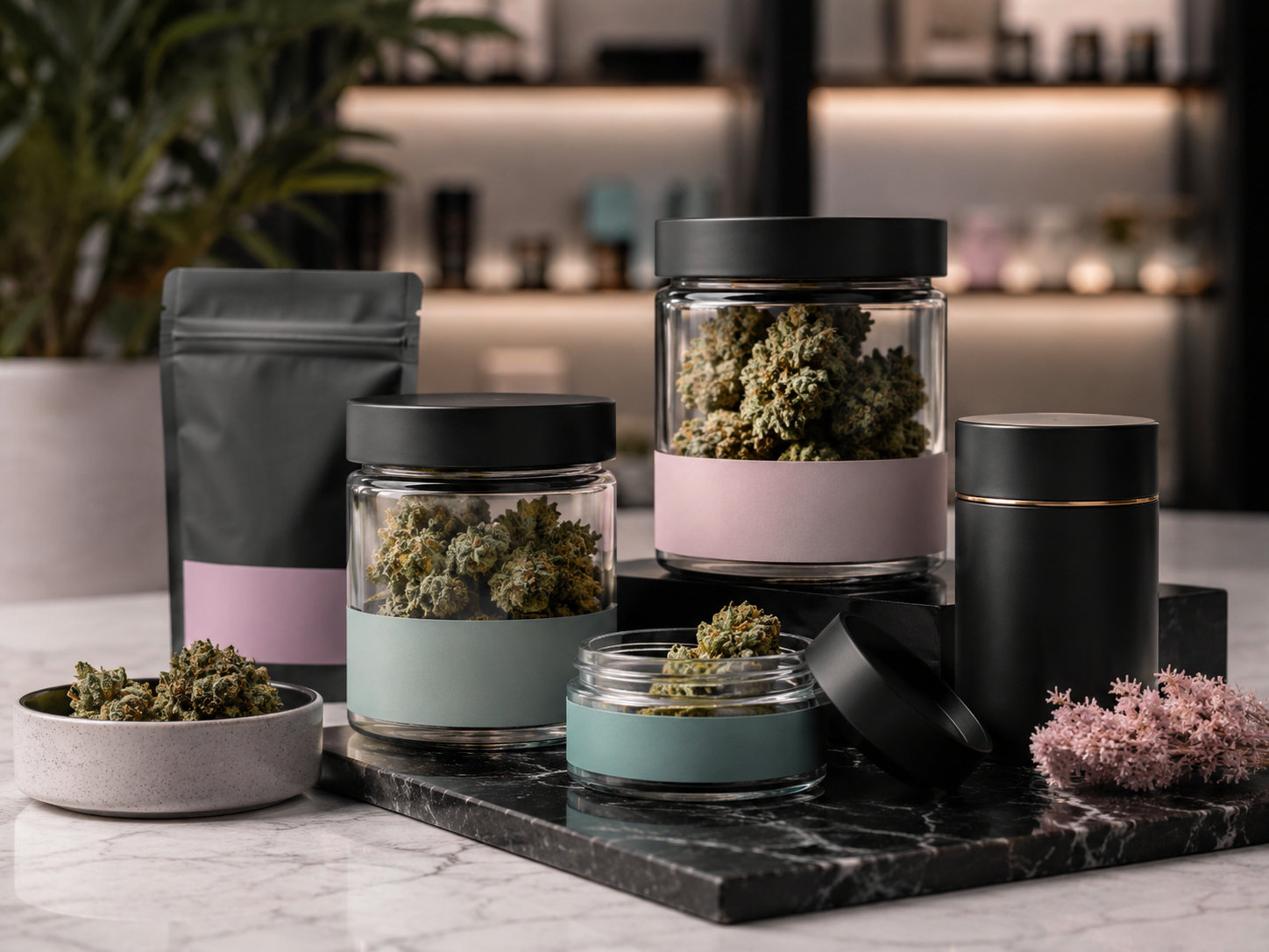 Cannabis flower products displayed in jars at Holy Smokes