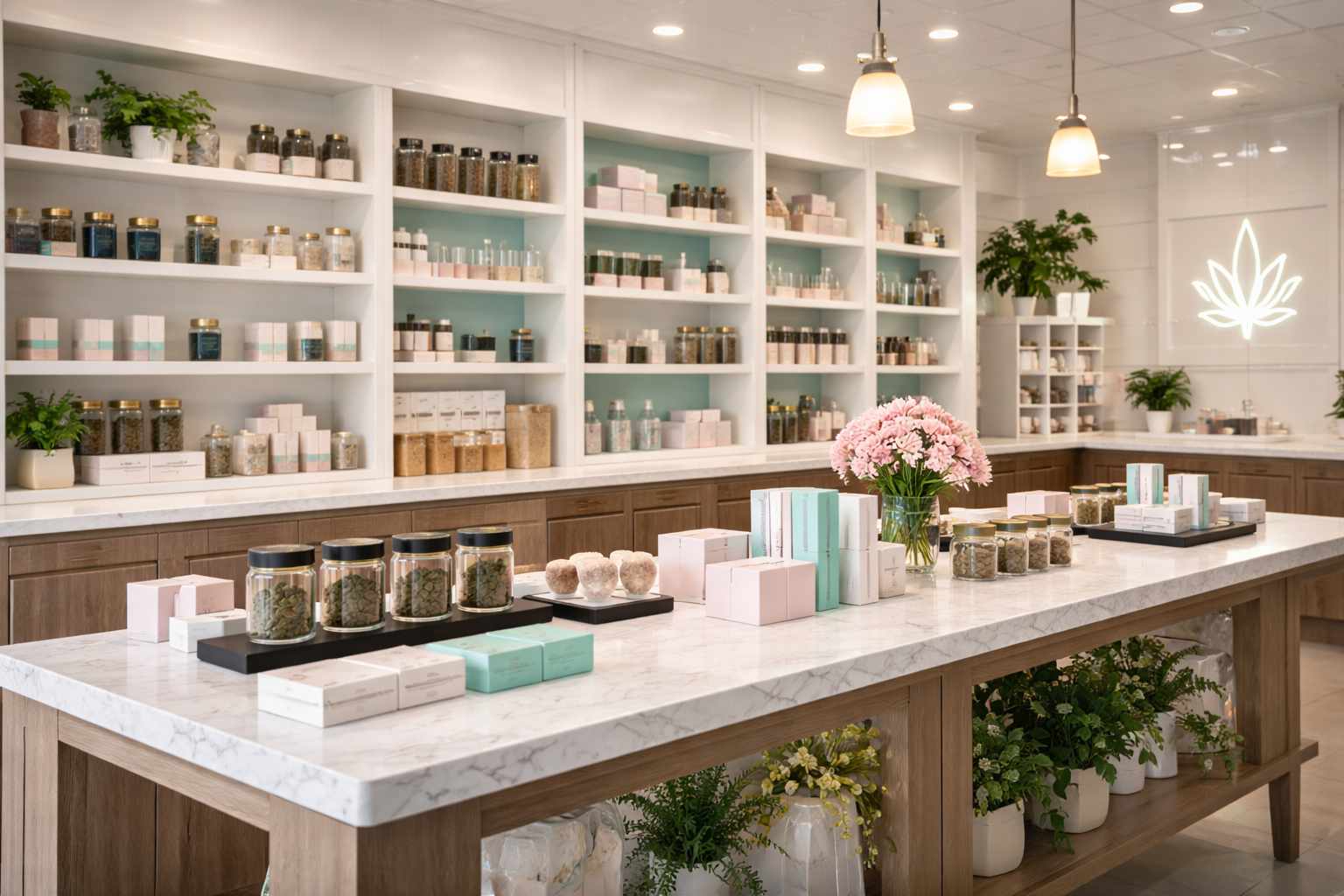 Interior of Holy Smokes with clean modern dispensary design and boutique retail styling