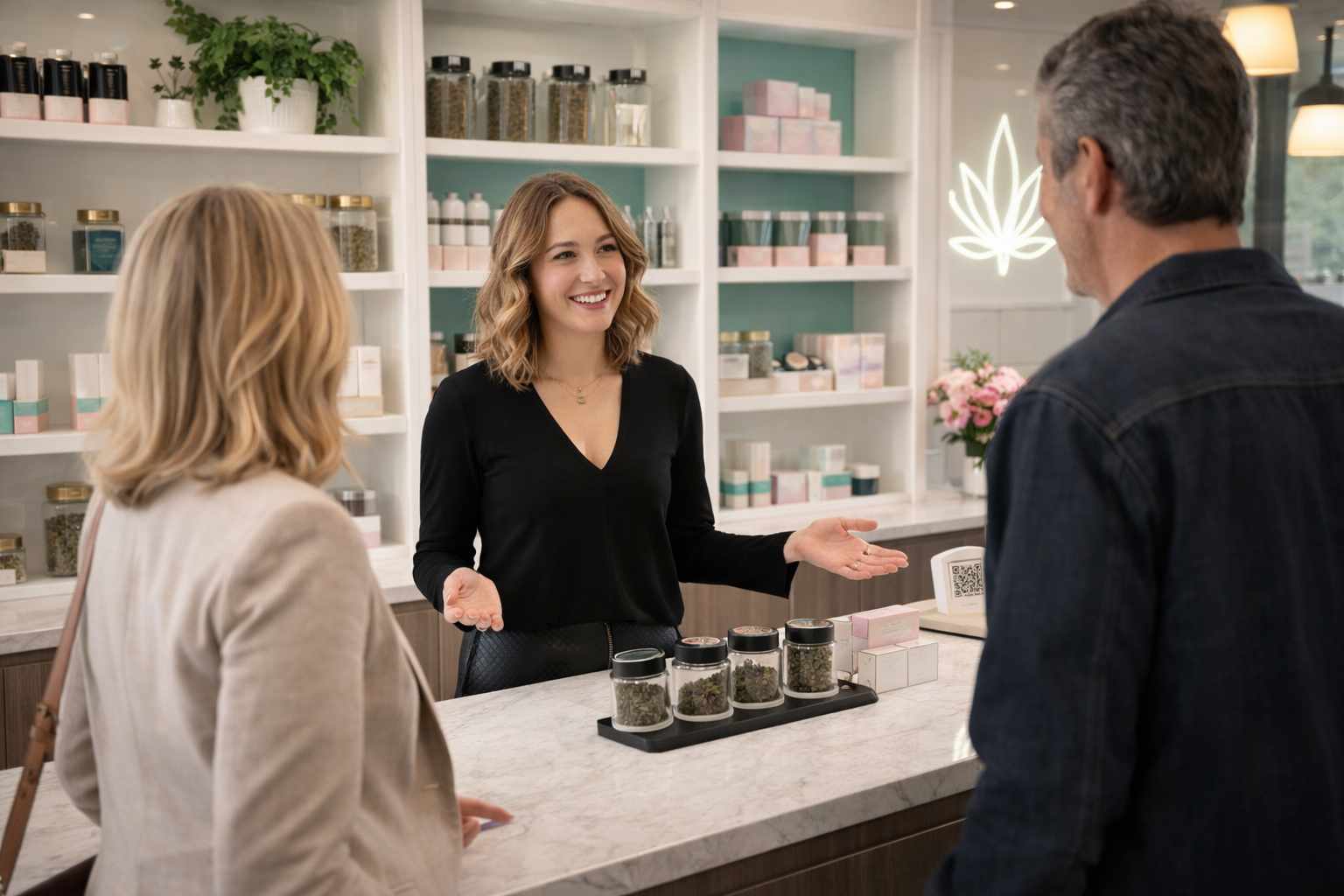 Holy Smokes interior with clean boutique dispensary product presentation