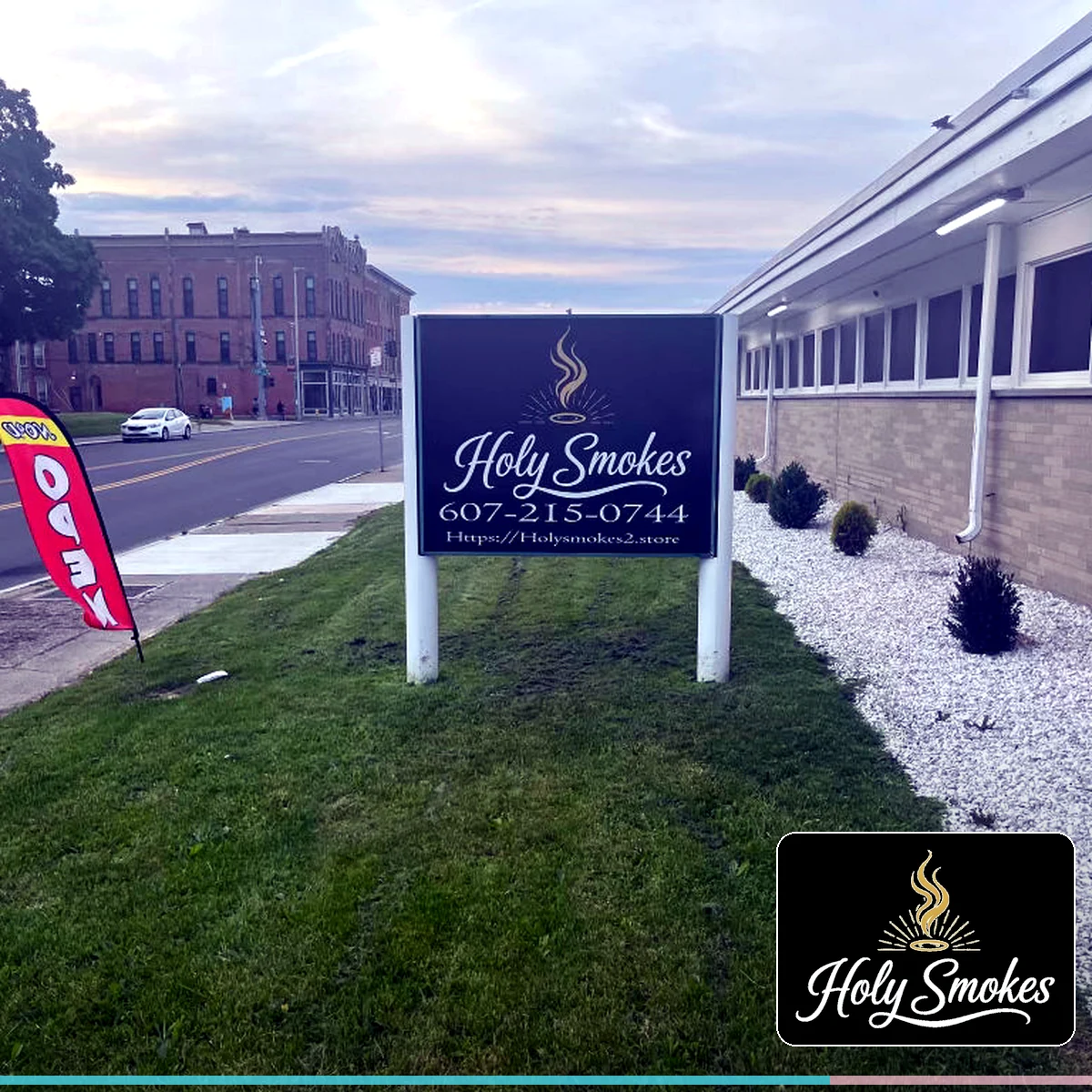 Holy Smokes exterior sign in Elmira