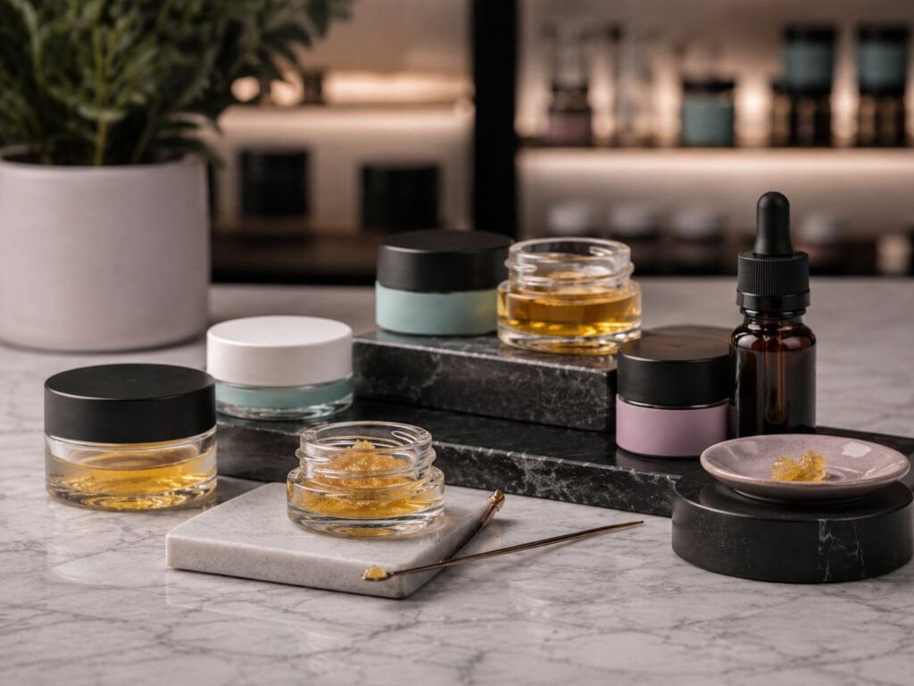 Cannabis concentrates displayed in glass containers