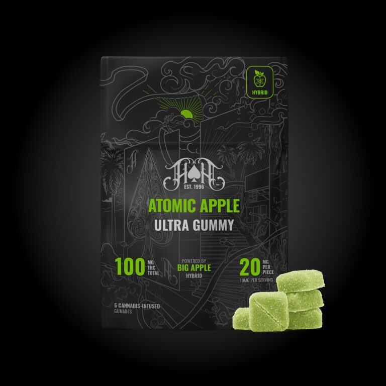 Heavy Hitters Atomic Apple Ultra Gummy bag with green gummies, New York packaging
